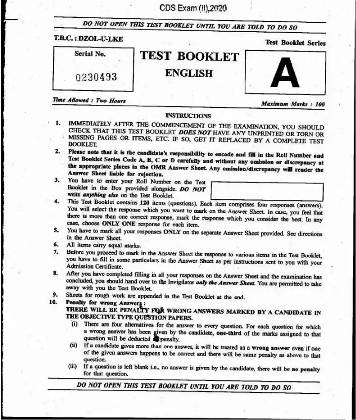 CDS (II) 2020 English question paper page 1 instructions scan PDF download. Includes exam details, time, marks, and general instructions for candidates.