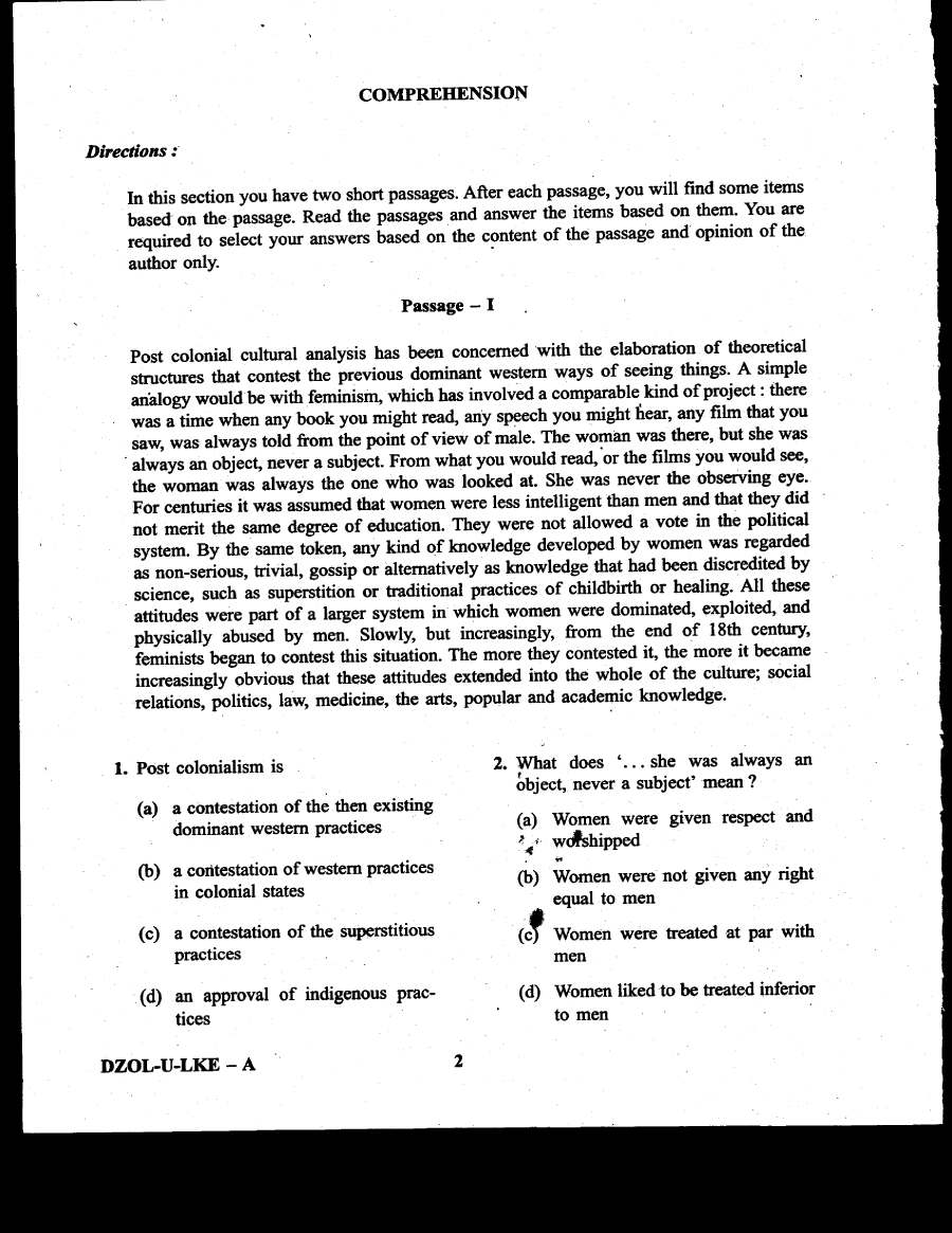 CDS (II) 2020 English question paper page 1 instructions scan PDF download. Includes exam details, time, marks, and general instructions for candidates.