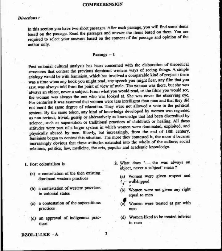 CDS (II) 2020 English question paper page 1 instructions scan PDF download. Includes exam details, time, marks, and general instructions for candidates.