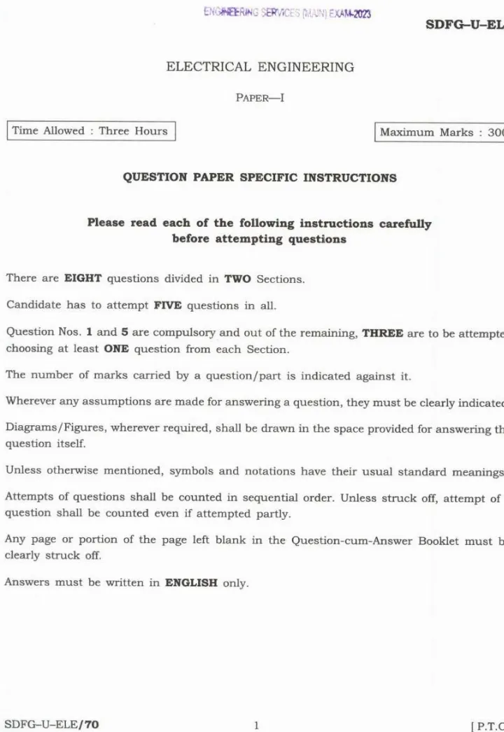 Electrical Engineering Paper I - Engineering Services 2023 — page 1 instructions scan PDF download