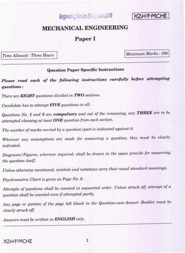 Engineering Service Main 2019 Mechanical Paper I — page 1 instructions scan PDF download