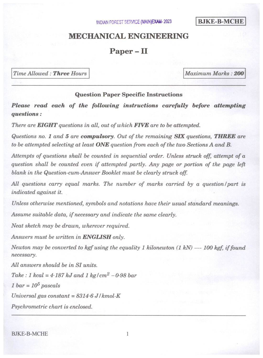 Mechanical Engineering Paper II 2023 IFS — page 1 instructions scan PDF download
