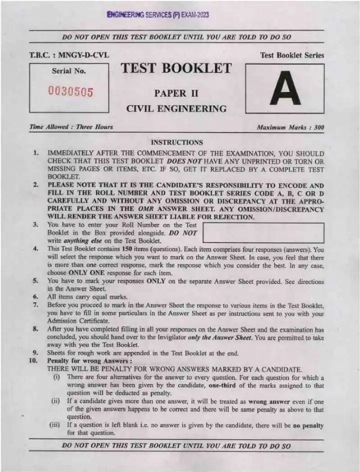 Civil Engineering Paper II (2023) - ES Preliminary — page 1 instructions scan PDF download