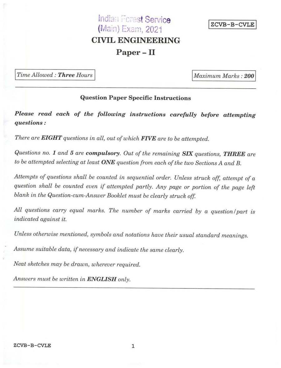 Indian Forest Service (Main) Examination 2021 Civil Engineering Paper - II question paper page 1 instructions scan PDF download
