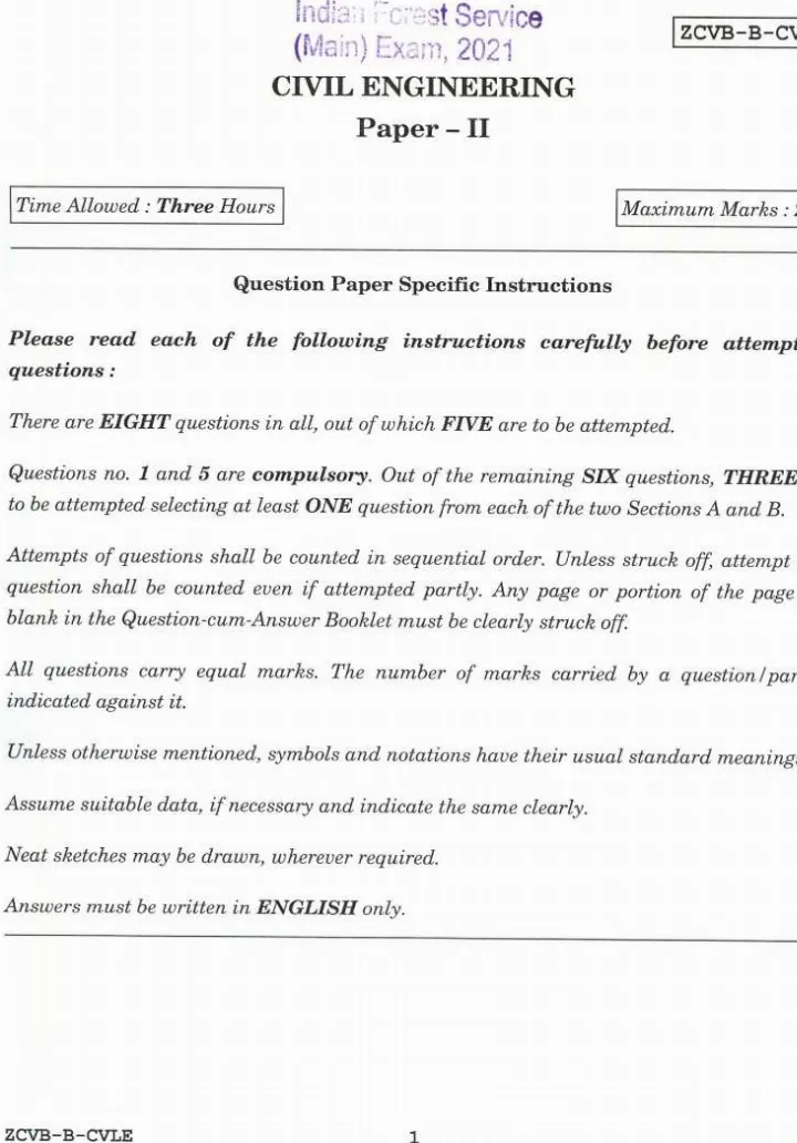 Indian Forest Service (Main) Examination 2021 Civil Engineering Paper - II question paper page 1 instructions scan PDF download