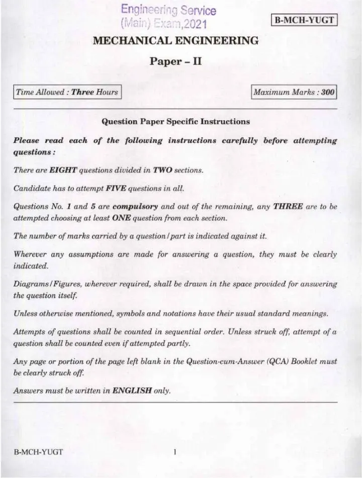 Engineering Service Mechanical Eng Paper II 2021 — page 1 instructions scan PDF download