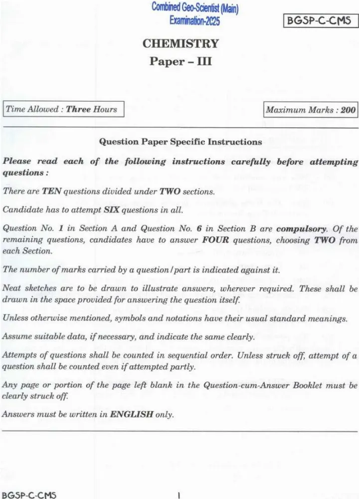Combined Geo-Scientist Chemistry Paper III 2025 (Main) – UPSC — page 1 instructions scan PDF download
