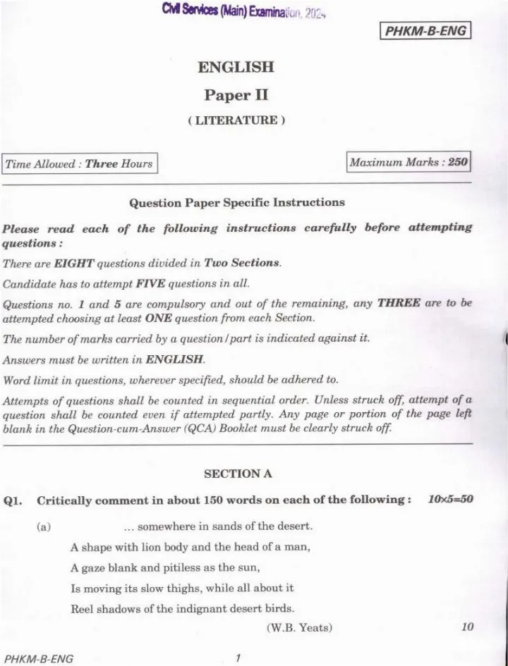 Civil Services English Literature Paper II 2024 (UPSC) – OCR repaired — page 1 instructions scan PDF download