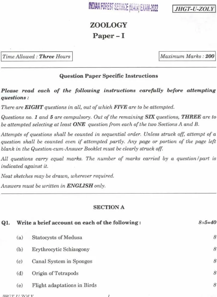 Zoology Paper I (IFoS 2022) - Page 1 & 2 Corrections — page 1 instructions scan PDF download