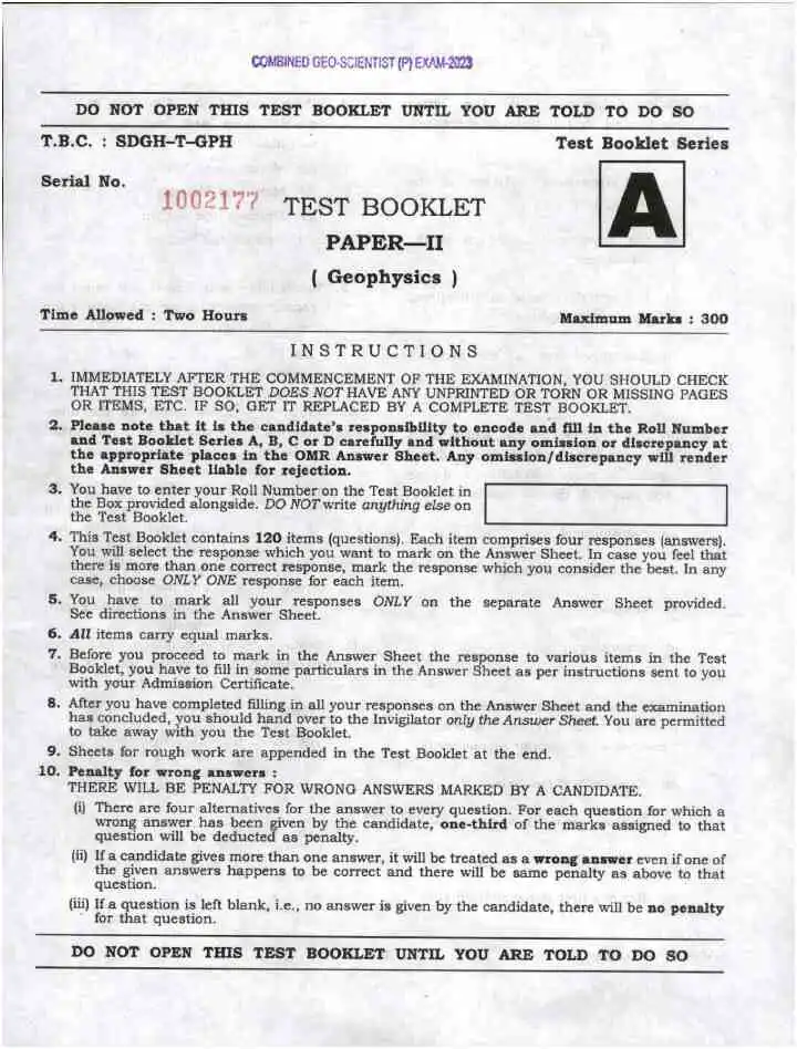 Combined Geo-Scientist (Preliminary) Examination 2023 question paper page 1 instructions scan PDF download