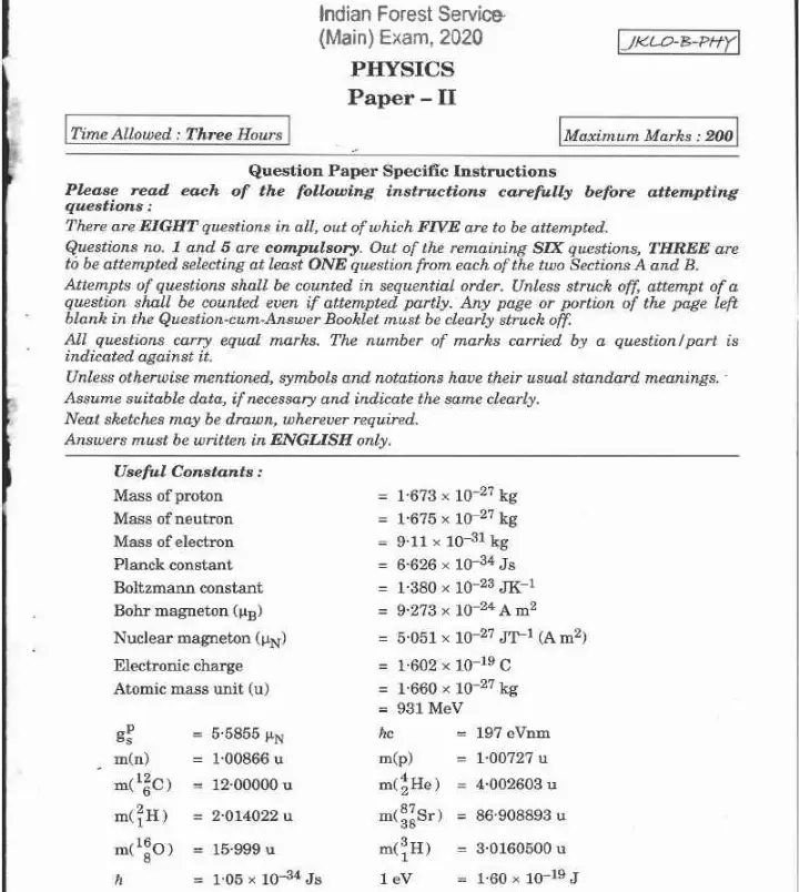 IFS Physics Paper II 2020 - Main Examination — page 1 instructions scan PDF download