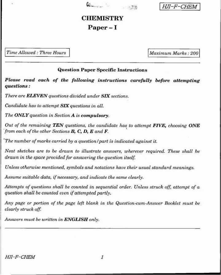 Chemistry Paper I (2020) - Combined Geo-Scientist Main — page 1 instructions scan PDF download