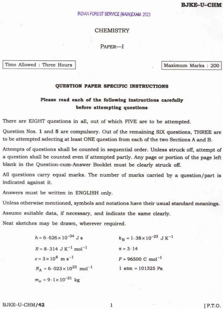 Indian Forest Service Chemistry Paper I 2023 — page 1 instructions scan PDF download
