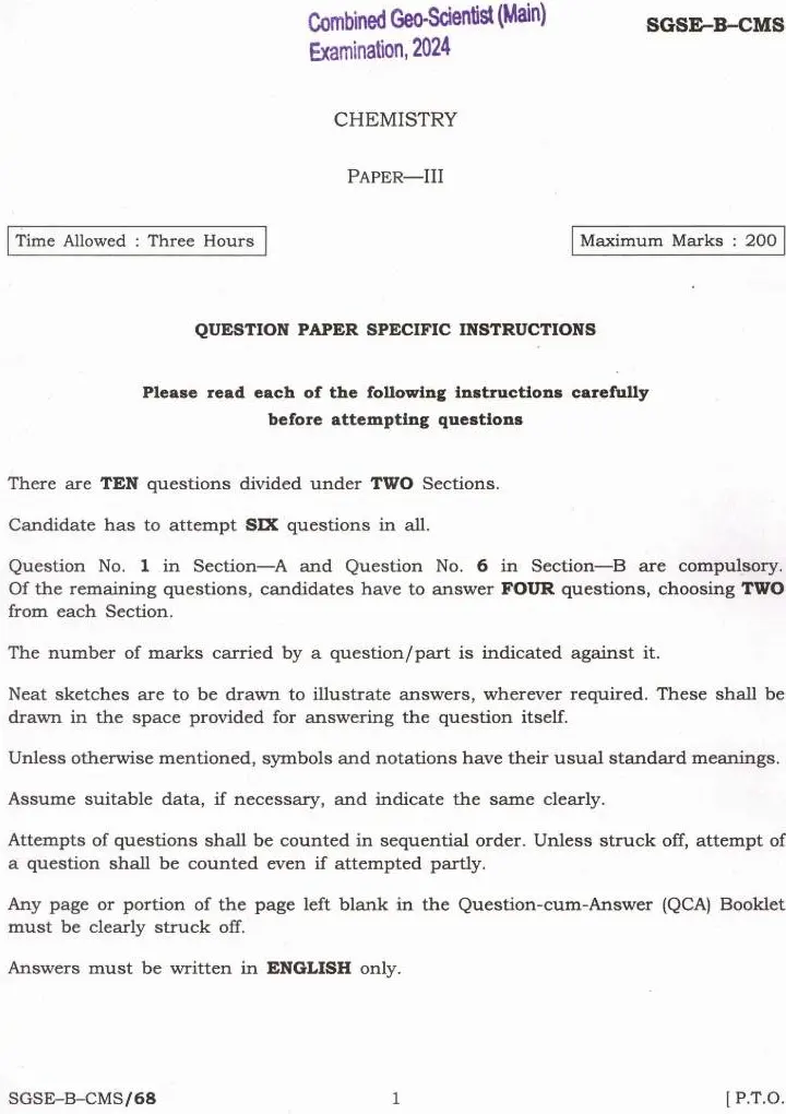 Chemistry Paper-III 2024 – Combined Geo-Scientist Main MCQ — page 1 instructions scan PDF download