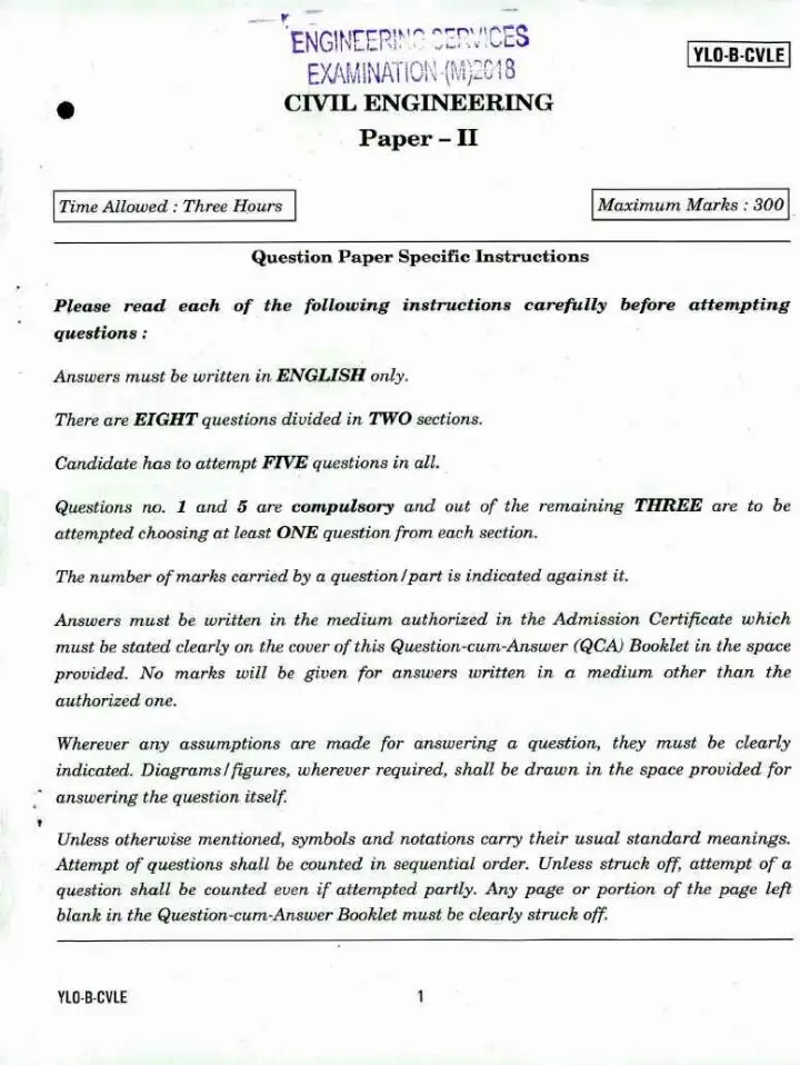 Civil Engineering Paper II 2018 – Engineering Services Main (Section A) — page 1 instructions scan PDF download