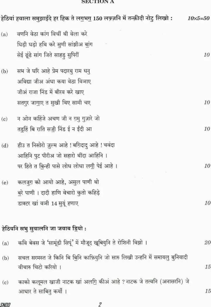 Civil Services Main 2021 Sindhi Paper II (Literature) question paper page 1 instructions scan PDF download UPSC Mains