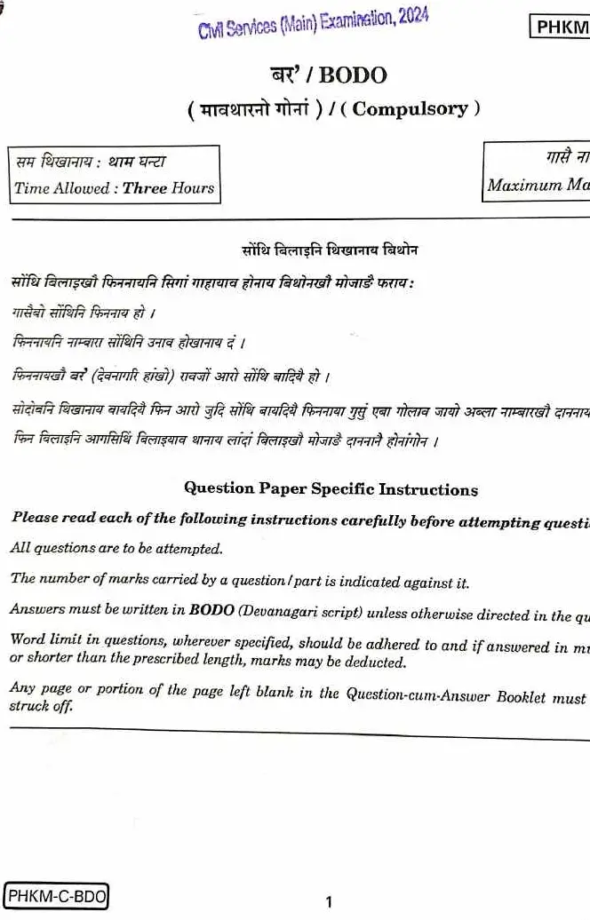 Civil Services (Main) Examination 2024 Question Paper PDF Download — page 1 instructions scan PDF download