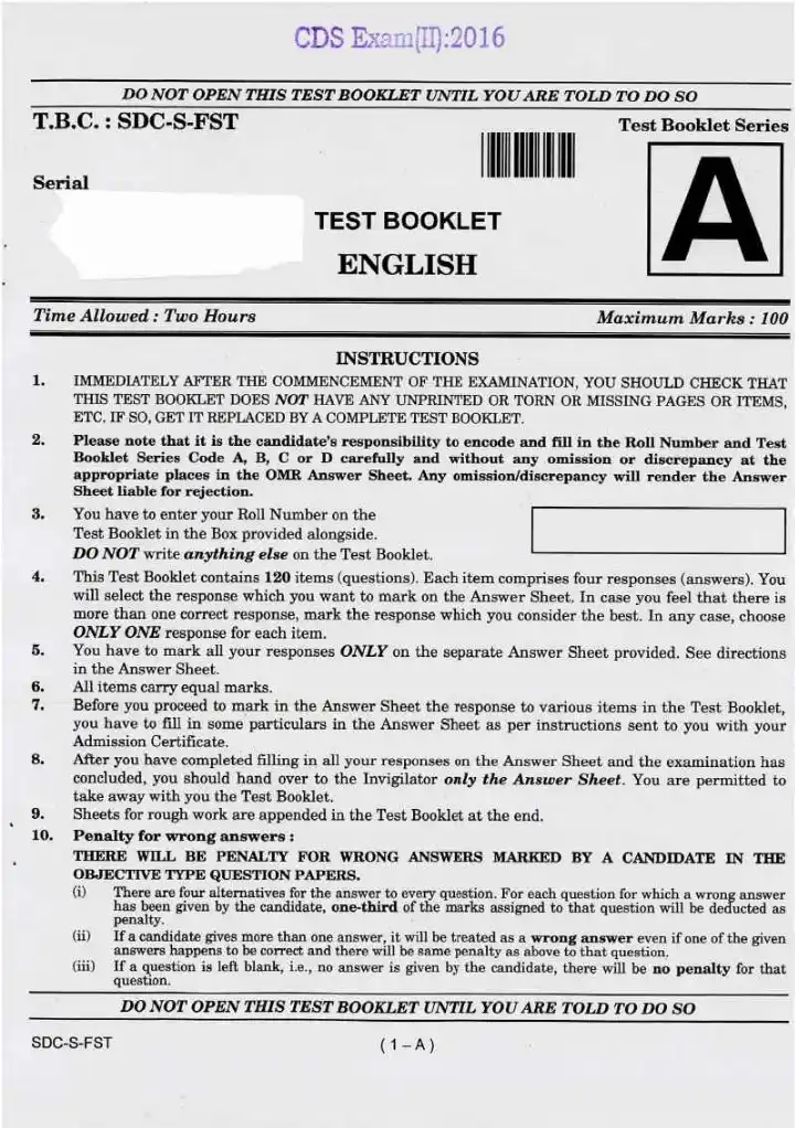 CDS 2016 English question paper page 1 instructions and header scan PDF download for UPSC Combined Defence Services Exam