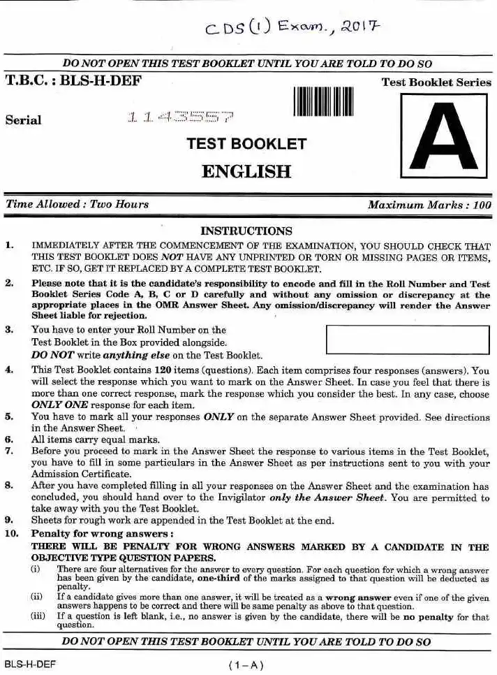 CDS 2017 English question paper page 1 instructions scan PDF download | UPSC Combined Defence Services Exam