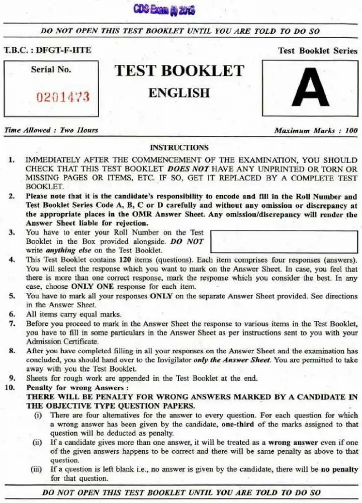CDS 2019 English question paper page 1 instructions scan PDF download for UPSC Combined Defence Services Examination