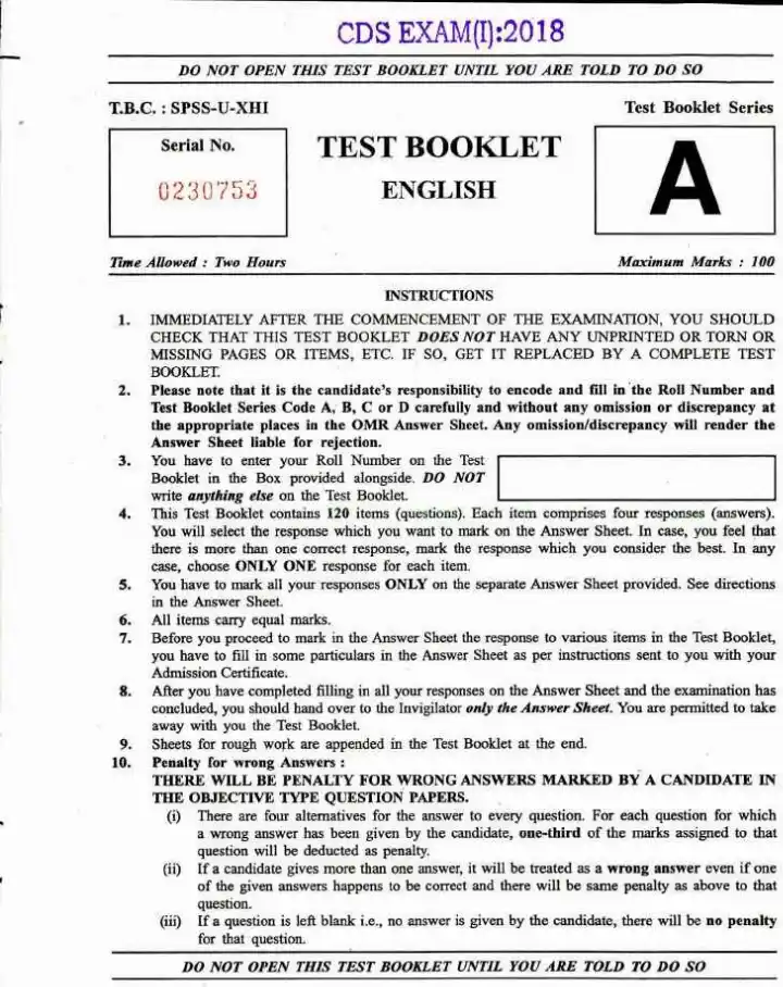 CDS I 2018 English question paper page 1 instructions scan PDF download UPSC Combined Defence Services Exam