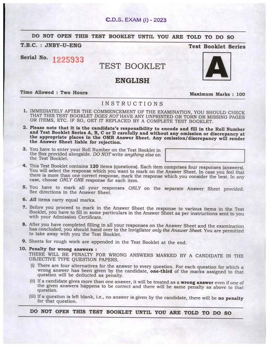 CDS I 2023 English question paper page 1 instructions scan PDF download UPSC Combined Defence Services Exam