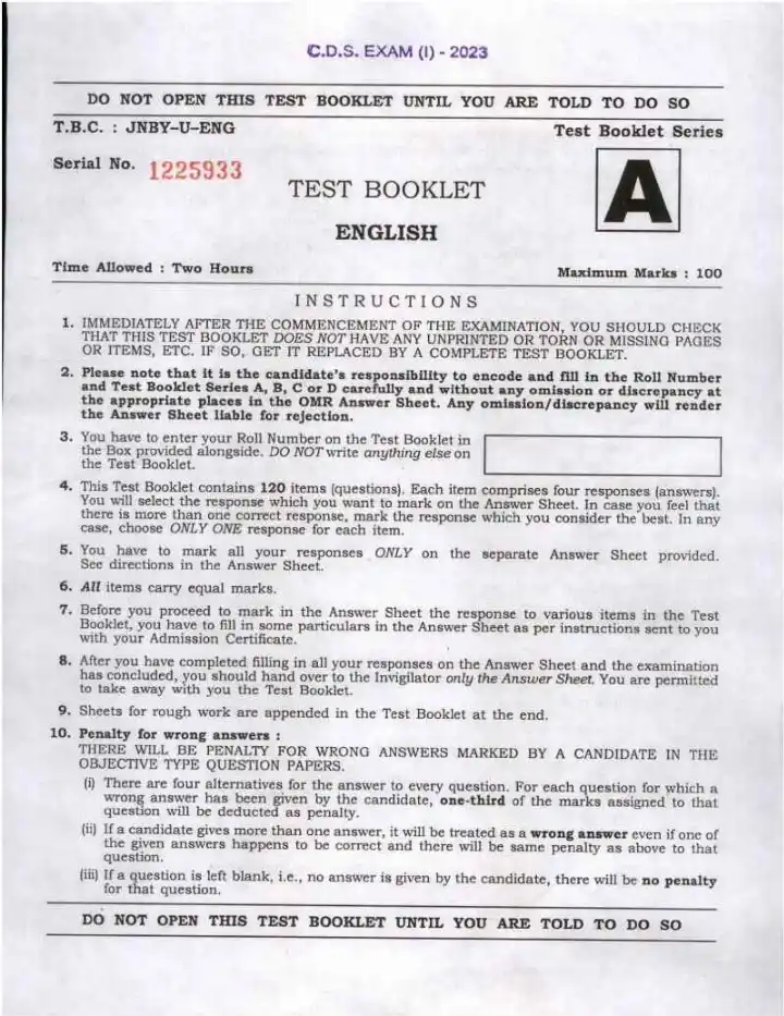 CDS I 2023 English question paper page 1 instructions scan PDF download UPSC Combined Defence Services Exam