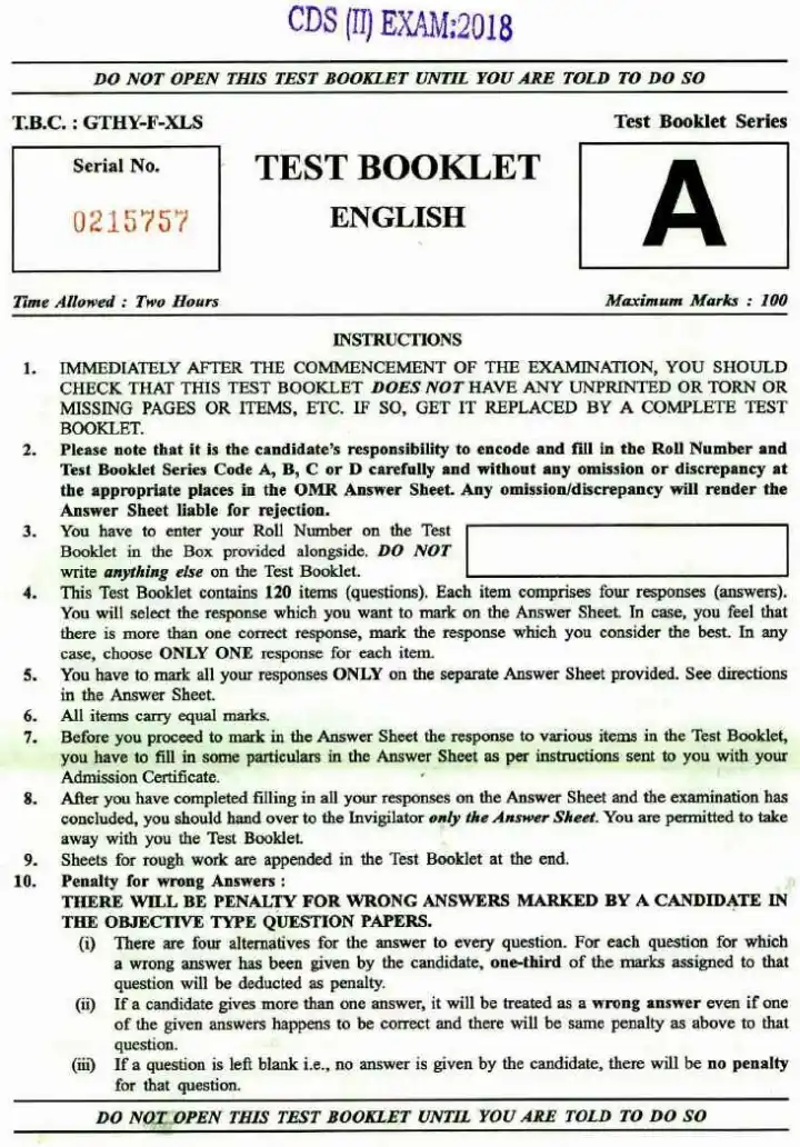 Combined Defence Services Examination (II) 2018 English question paper page 1 scan showing instructions and exam header. Download UPSC CDS II 2018 English paper PDF.