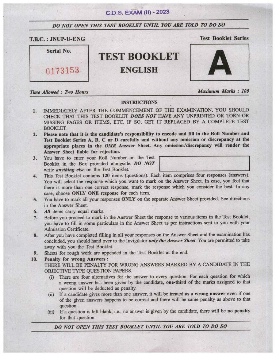 Combined Defence Services Examination (II) 2023 English question paper page 1 instructions and exam header scan PDF download