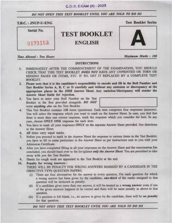 Combined Defence Services Examination (II) 2023 English question paper page 1 instructions and exam header scan PDF download