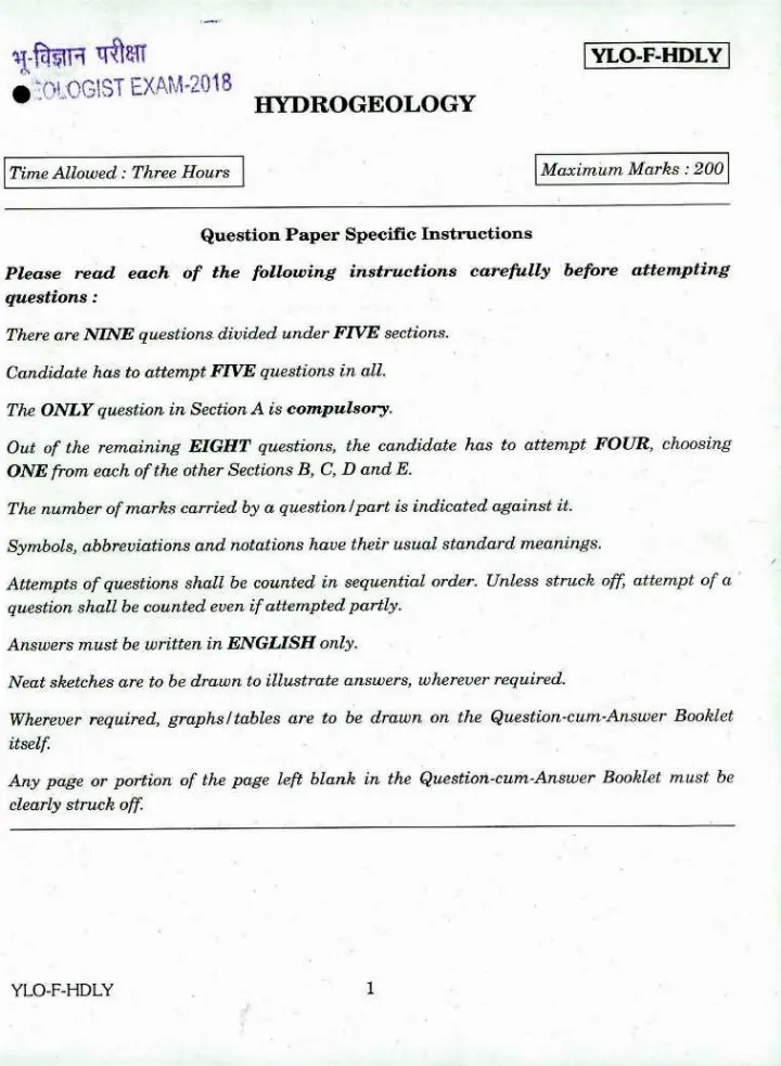 Combined Geo-Scientist and Geologist Examination 2018 Hydrogeology question paper page 1 instructions scan PDF download UPSC