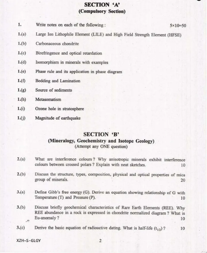 Combined Geo-Scientist and Geologist Examination 2019 Geology Paper II question paper page 1 instructions scan PDF download