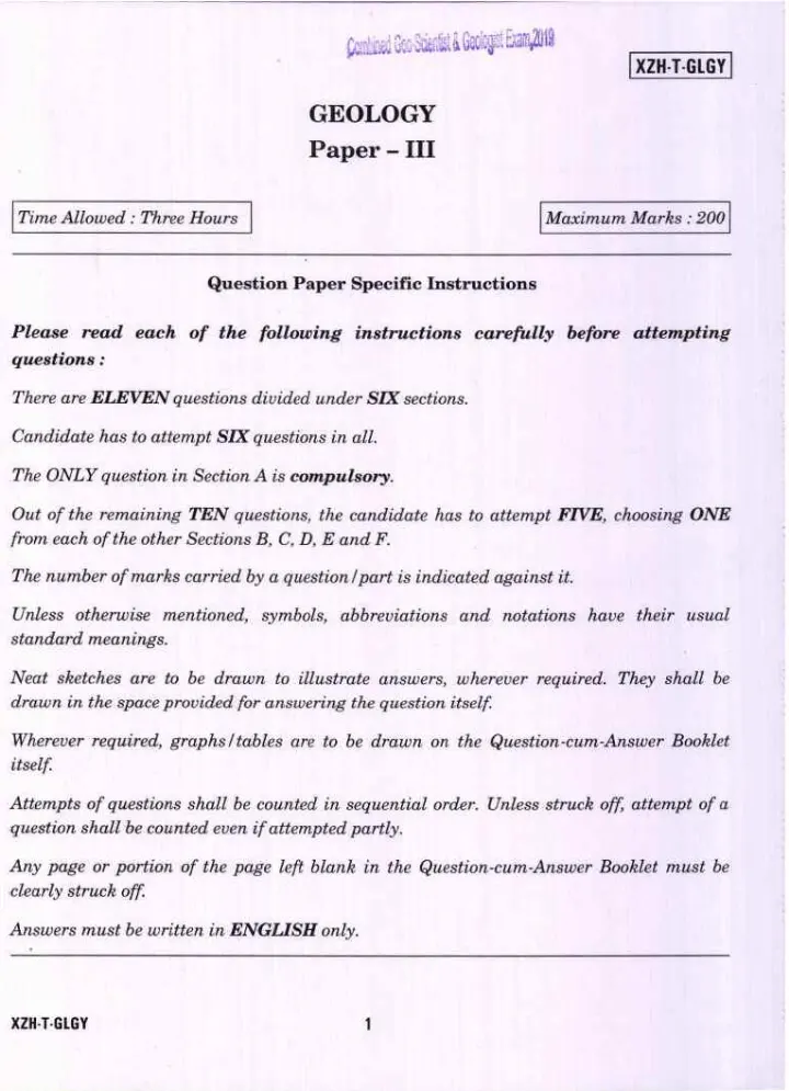 Combined Geo-Scientist and Geologist Examination 2019 Geology Paper III question paper page 1 instructions scan PDF download UPSC