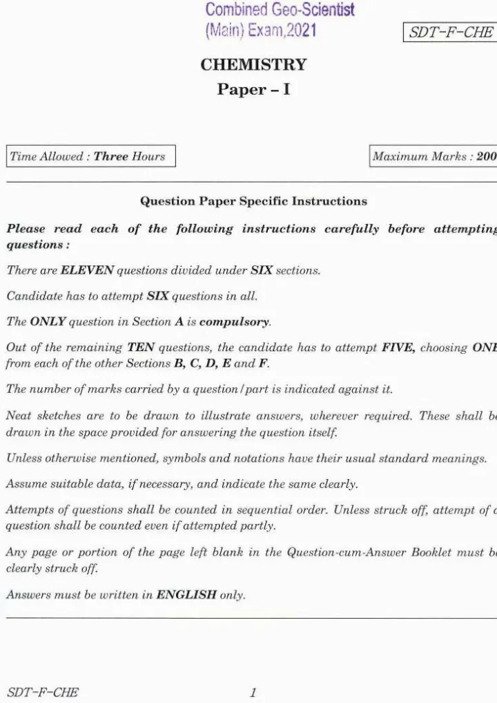 Combined Geo-Scientist Chemistry Paper I 2021 - OCR Repair & SEO — page 1 instructions scan PDF download