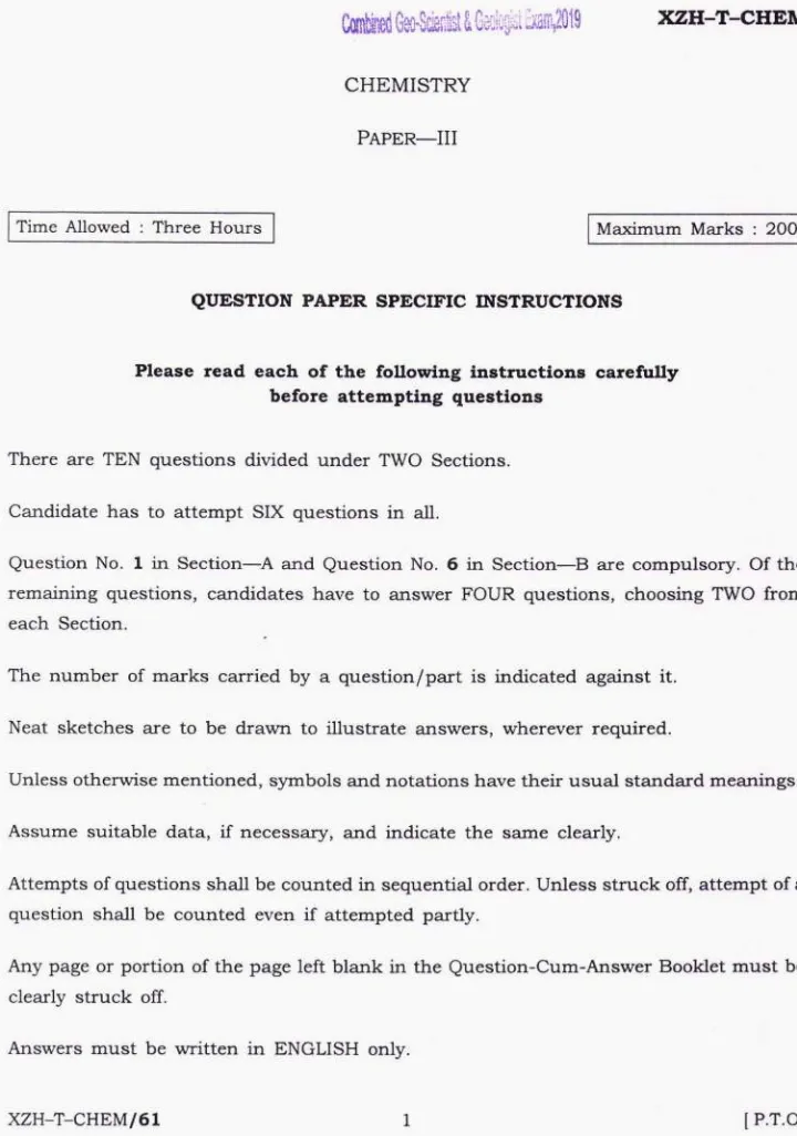 Combined Geo-Scientist & Geologist 2019 Chemistry Paper-III page 1 instructions scan PDF download UPSC