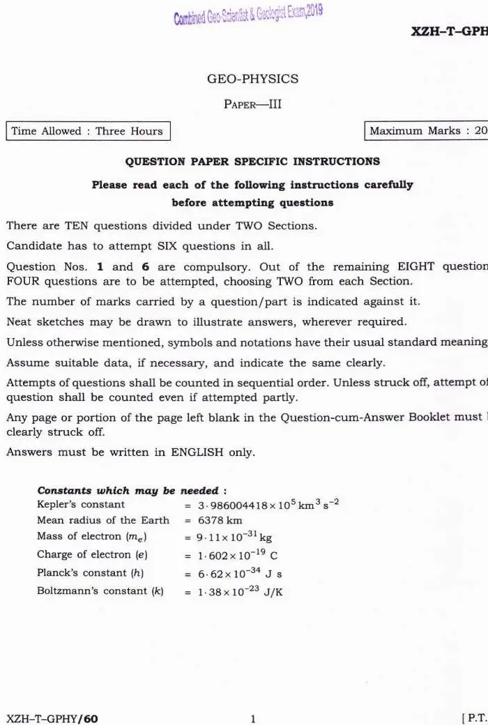 Combined Geo-Scientist & Geologist Examination 2019 Geo-Physics Paper III question paper page 1 scan, featuring exam header and instructions. UPSC exam PDF download.