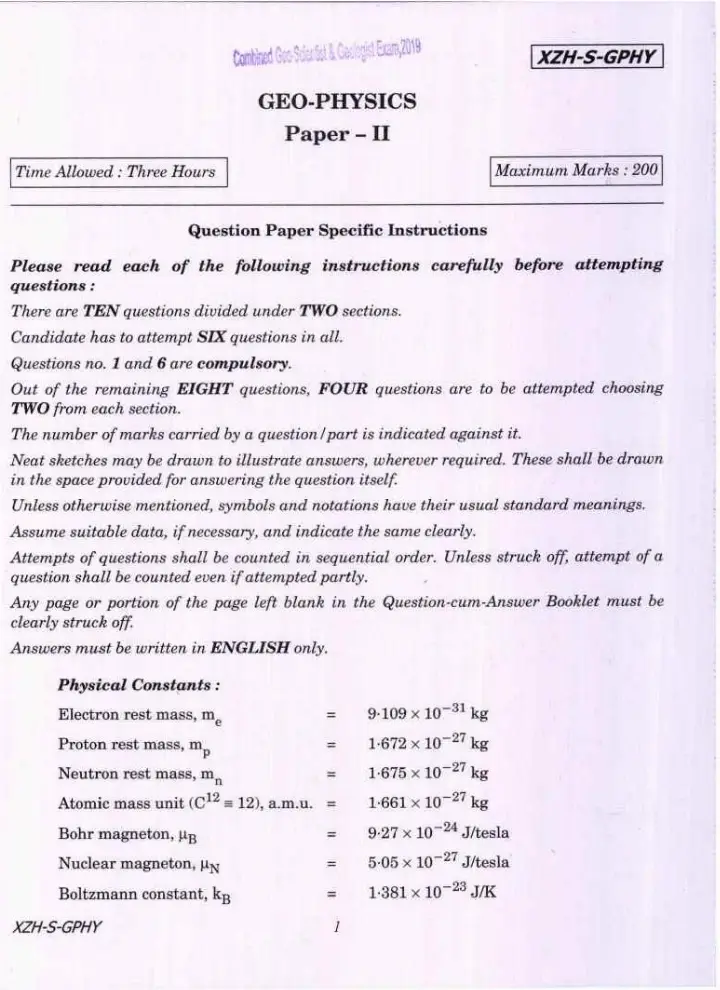 Combined Geo-Scientist and Geologist Examination 2019 Geophysics Paper II page 1 instructions scan PDF download UPSC