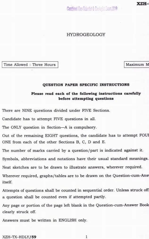 Combined Geo-Scientist & Geologist 2019 Hydrogeology question paper page 1 instructions scan PDF download