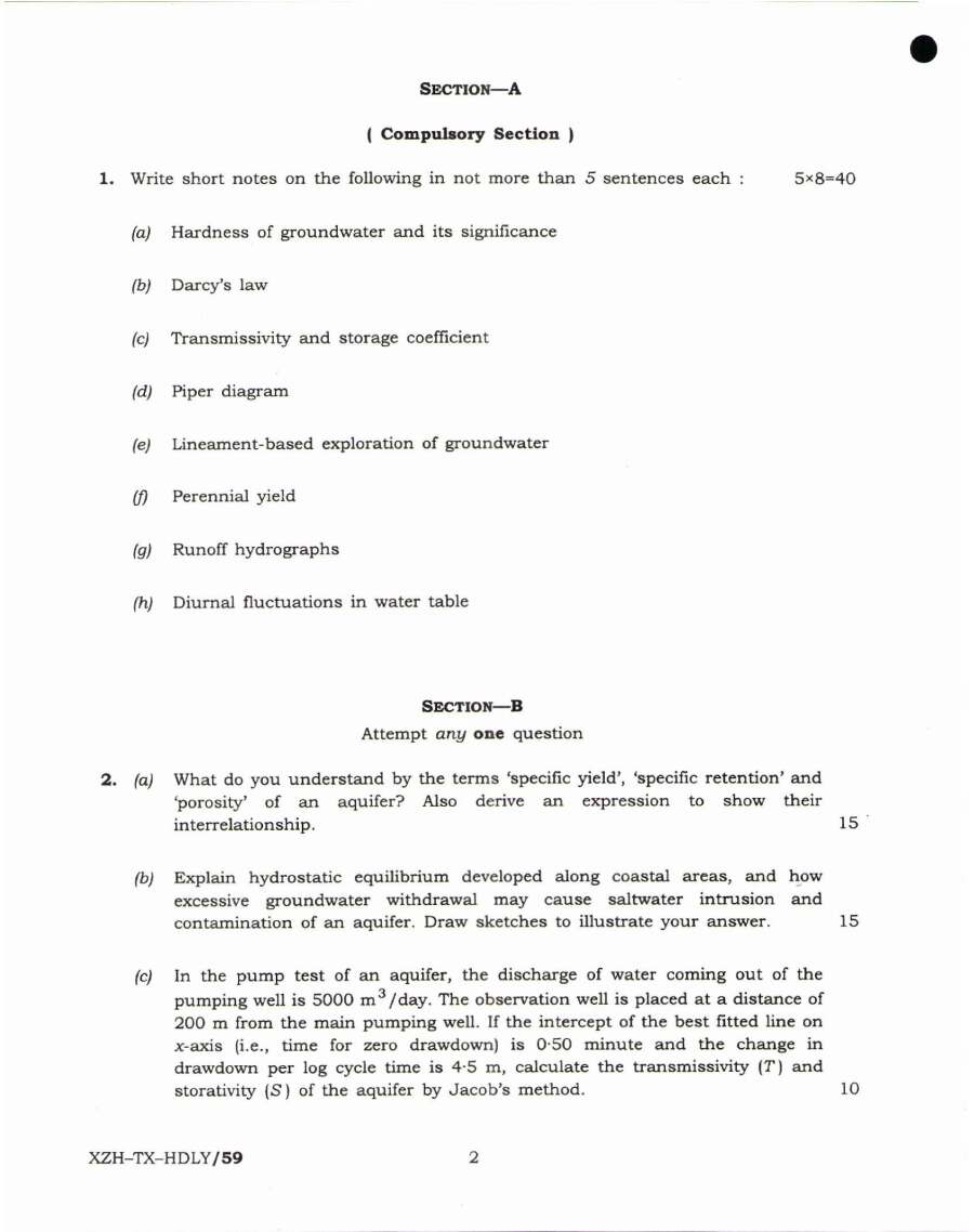 Combined Geo-Scientist & Geologist 2019 Hydrogeology question paper page 1 instructions scan PDF download