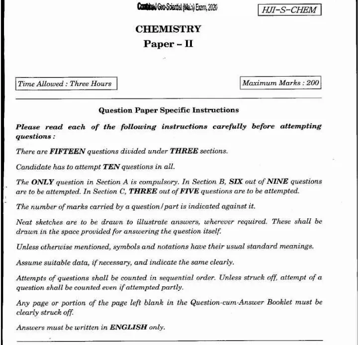 Combined Geo-Scientist Main 2020 Chemistry Paper II question paper page 1 instructions scan PDF download UPSC