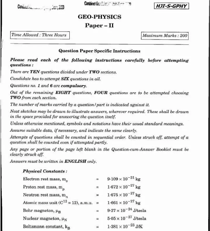 Combined Geo-Scientist Main 2020 Geophysics Paper II question paper page 1 instructions and exam header scan PDF download