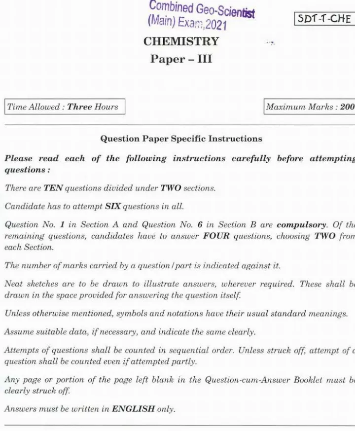 Combined Geo-Scientist Main 2021 Chemistry Paper III question paper page 1 instructions scan PDF download UPSC