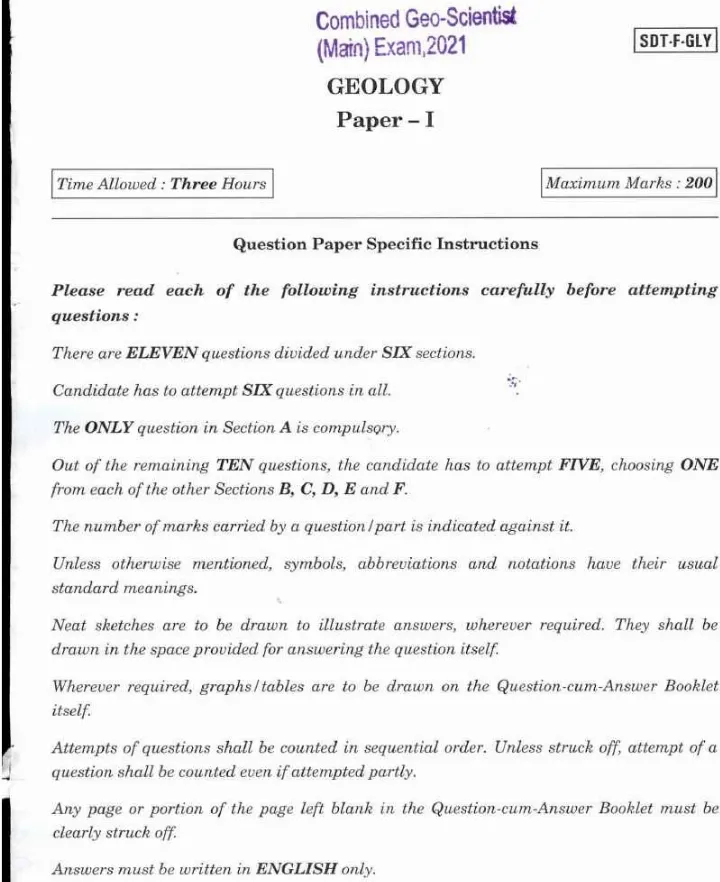 Combined Geo-Scientist Main 2021 Geology Paper I question paper page 1 instructions scan PDF download UPSC