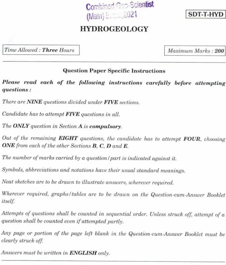 Combined Geo-Scientist Main 2021 Hydrogeology question paper page 1 instructions scan PDF download UPSC