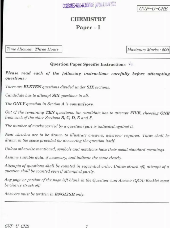 Combined Geo-Scientist Main 2022 Chemistry Paper I question paper page 1 instructions scan PDF download UPSC