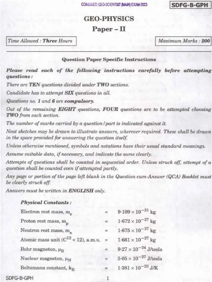 Combined Geo-Scientist Main 2023 Geo-Physics Paper II page 1 instructions scan PDF download UPSC