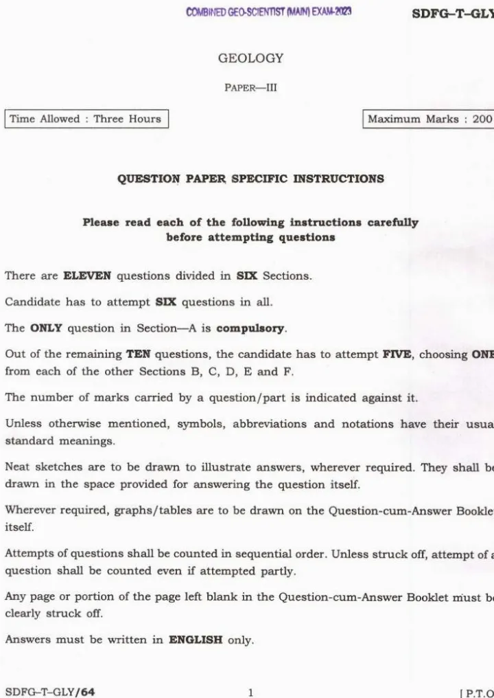 Combined Geo-Scientist Main 2023 Geology Paper III question paper page 1 instructions and exam header scan PDF download