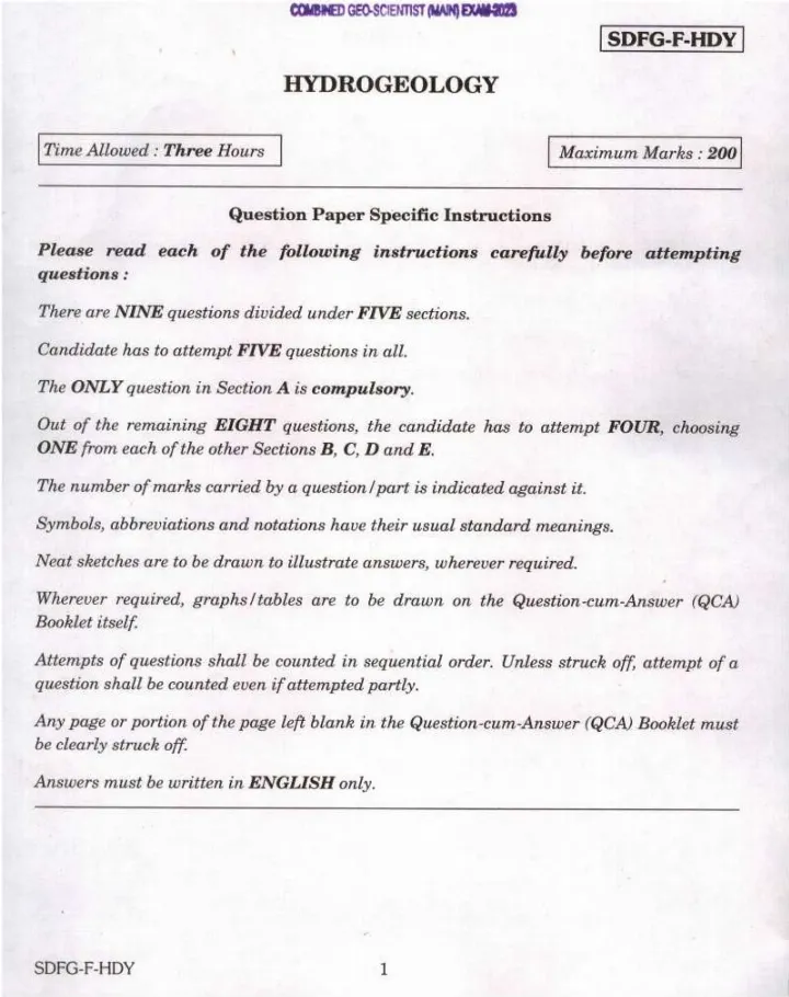 Combined Geo-Scientist (Main) 2023 Hydrogeology question paper page 1 instructions scan PDF download UPSC