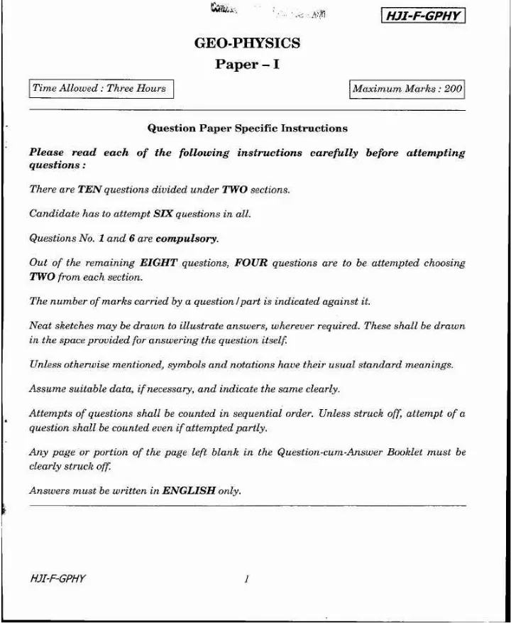 Combined Geo-Scientist (Main) Examination 2020 Geophysics Paper I question paper page 1 instructions and header scan PDF download