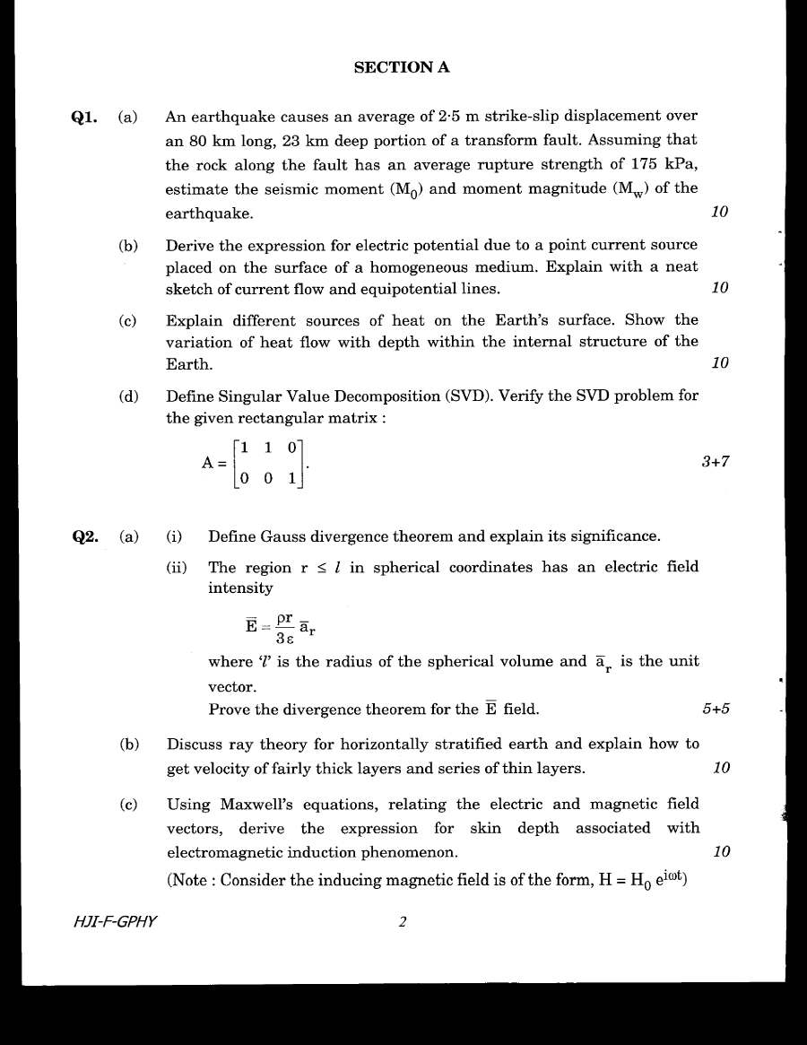 Combined Geo-Scientist (Main) Examination 2020 Geophysics Paper I question paper page 1 instructions and header scan PDF download